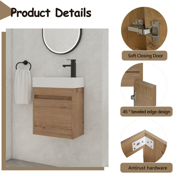 English Elm 18'' Floating Vanity with White Resin Sink, Soft-Close Door, Open Shelf Storage, Water-Resistant Finish W99936260