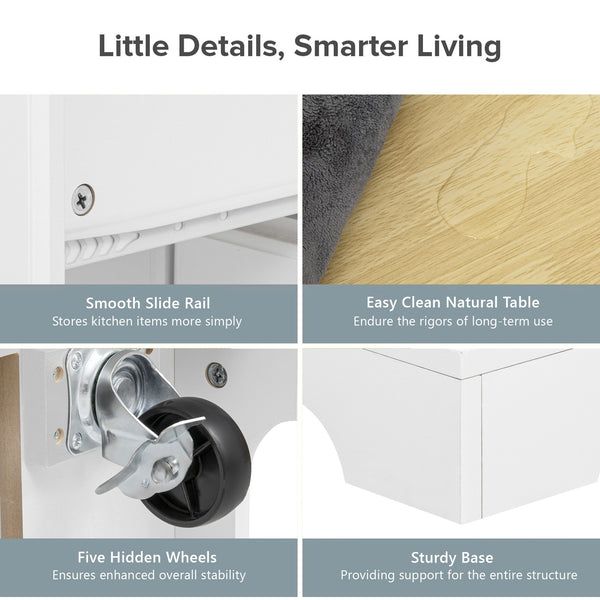 English Elm K&K Rustic Kitchen Island Cart with 6 Drawers, Pull-Out Trash Cabinet, Drop Leaf & Built-In Charging Station White N707P307292W