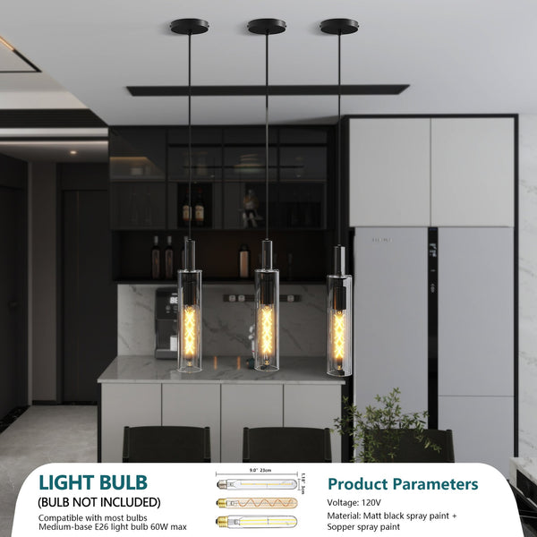 English Elm 3 Black Pendant Lights Set Modern Adjustable Glass Shades for Kitchen Island Dining Living Room PMID W2312P375007