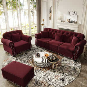 English Elm Upholstered Velvet Chesterfield Sofa with Button Tufting Brass Nailhead and Ottoman Burgundy W1885S00393