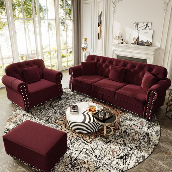 English Elm Upholstered Velvet Chesterfield Sofa with Button Tufting Brass Nailhead and Ottoman Burgundy W1885S00393