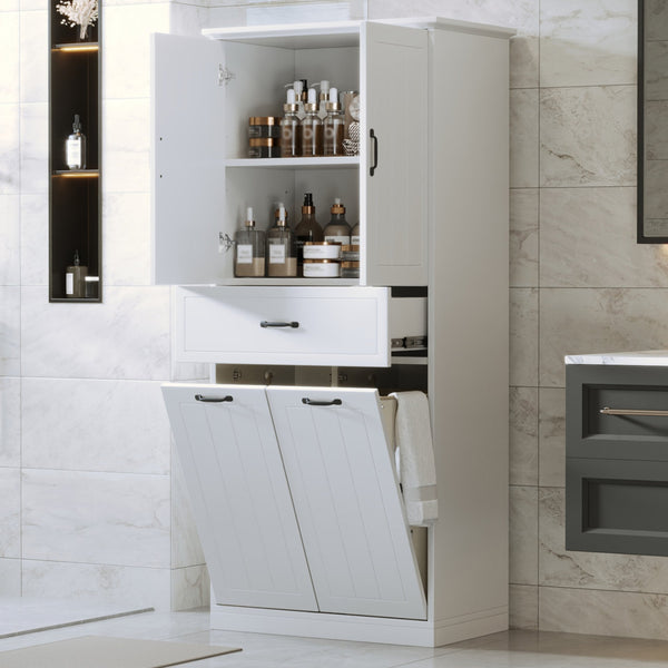 English Elm Christopher Knight Home® - Bathroom Storage Cabinet with Doors Drawer & Dual Laundry Baskets, MDF Build, Adjustable Shelf, Anti-Tip Device White N759P243350K