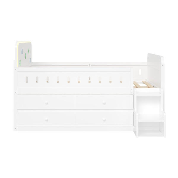 English Elm Wooden Full Bed Frame with Led Headboard Four Storage Drawers and Ladder Shelf White N7090004028K