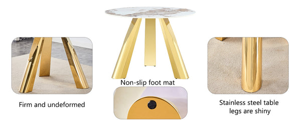 English Elm Table Set - 42-Inch Round White Imitation Marble Top With 4 Ergonomic Dining Chairs & Gold Legs W2920S00049-GIGA