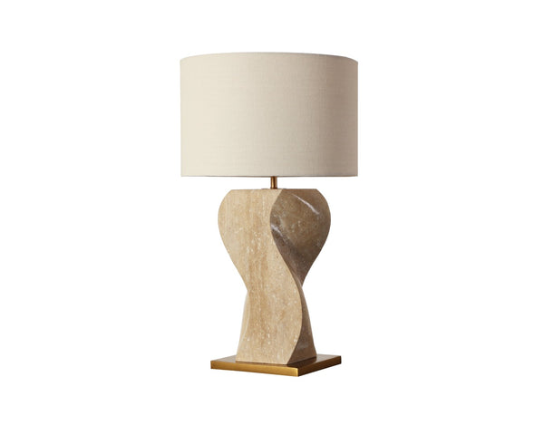 Sunpan ANUSHA Table Lamp - Hand-Carved Solid Travertine Base, Textured Shade & Warm Brass Accents, 30" Tall 112157