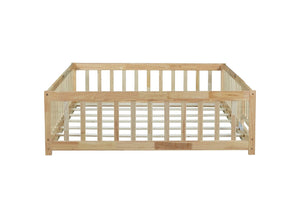 English Elm Full Size Rubber Wood Floor Bed with Surrounding Fence Door and Safety Guardrails W504P370522