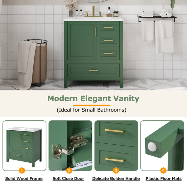 English Elm 30" Green Modern Bathroom Vanity with Ceramic Sink, Solid Wood Frame, Soft-Close Doors & Drawers N729P177787F