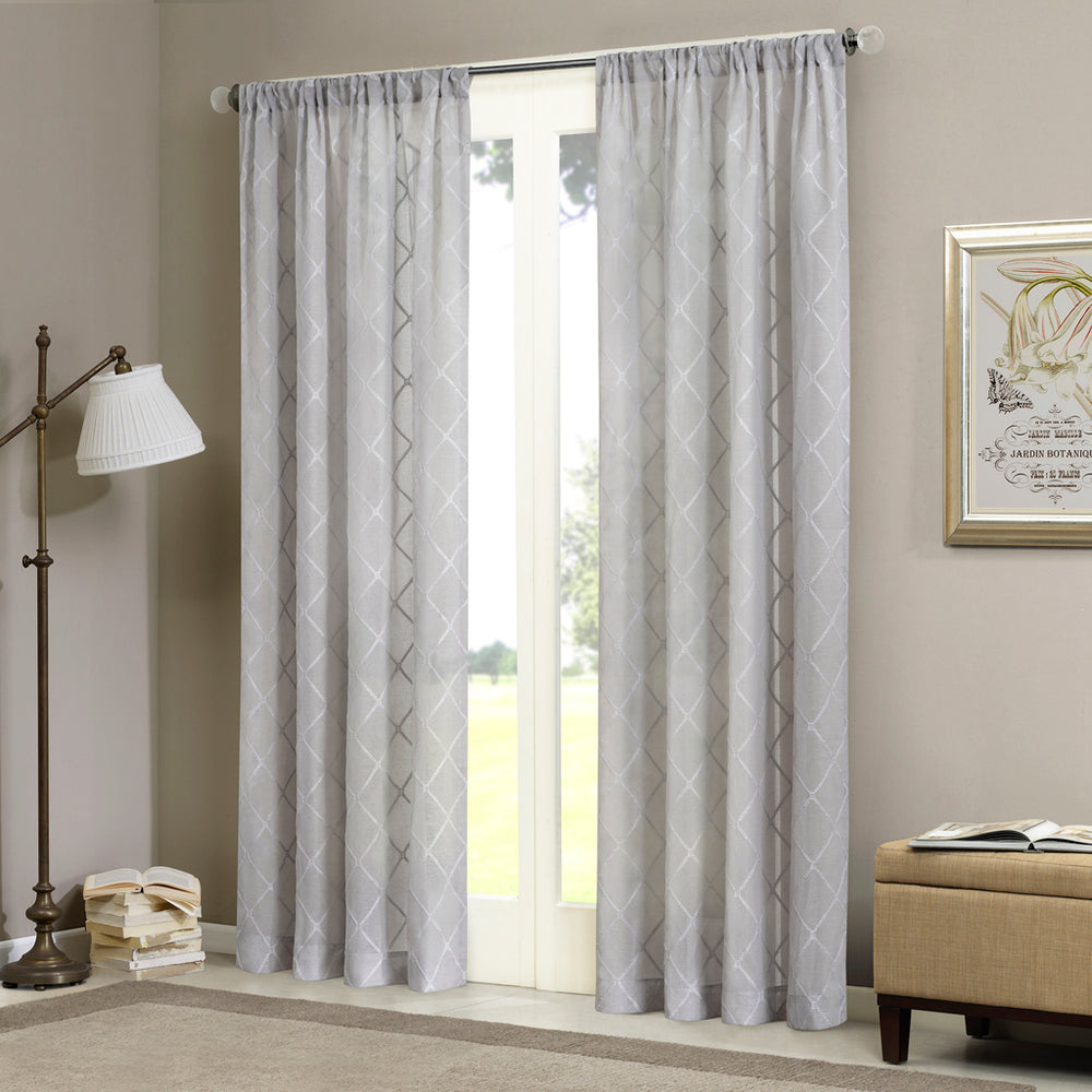 JLA Home Madison Park - Diamond Sheer Window Curtain Panel with Embroidered Diamond Motif, Light-Filtering Elegance for Layering Grey MP40-1066