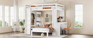 English Elm Full Solid Wood Loft Bed with Removable Lower Bed, Built-In Desk, Shelves & Wardrobe for Space-Saving Designs White W1580S00211
