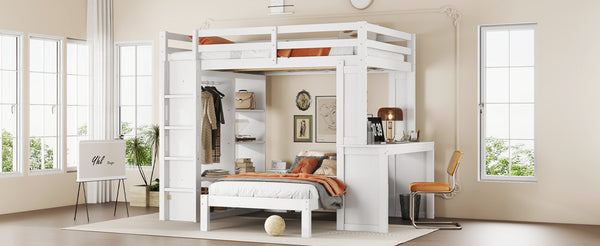 English Elm Full Solid Wood Loft Bed with Removable Lower Bed, Built-In Desk, Shelves & Wardrobe for Space-Saving Designs White W1580S00211