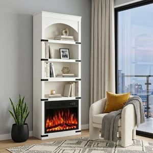 70 Inch Tall Four Shelf Wood Bookcase with Built in Usb Charging Ports for Home Office