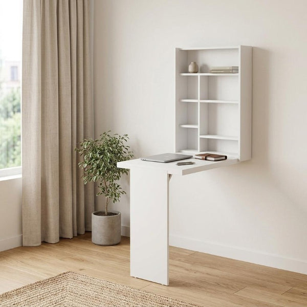 36 Inch Folding Wall Mounted White Wood Desk Space Saving Home Office Writing Surface
