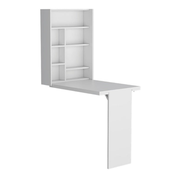 HomeRoots 36 Inch Folding Wall Mounted White Wood Desk Space Saving Home Office Writing Surface 738009