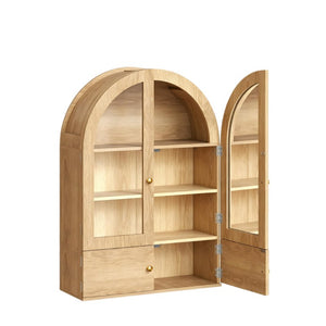 HomeRoots 34 Inch Natural Wood Arched Bathroom Cabinet with Glass Inlay Panels Four Doors 738027