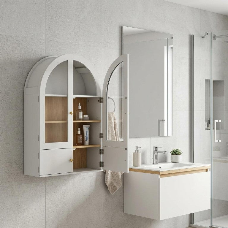 HomeRoots 34 Inch White Wood Bathroom Cabinet with Glass Panel Inlay and Four Storage Doors 738028