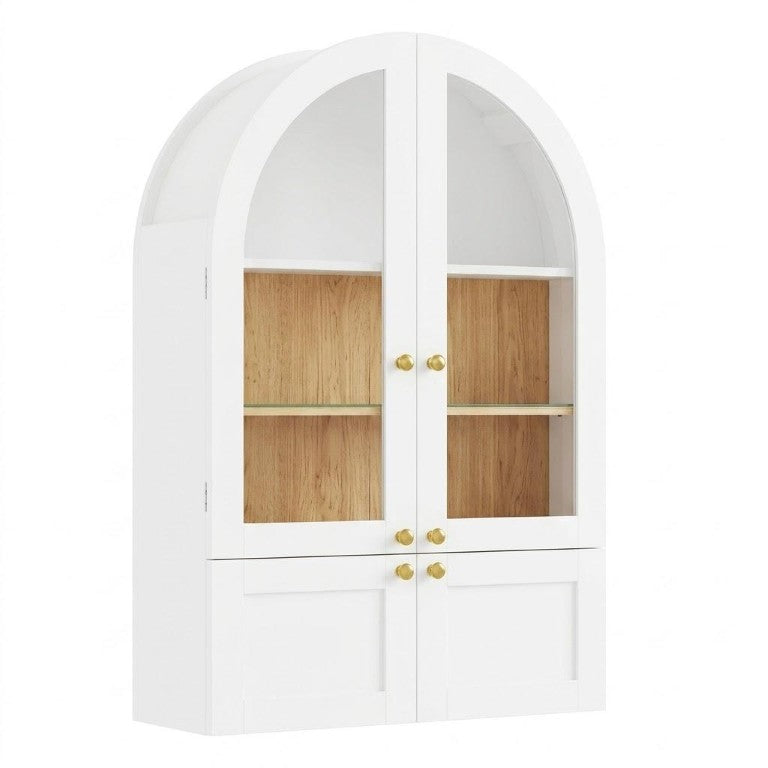HomeRoots 34 Inch White Wood Bathroom Cabinet with Glass Panel Inlay and Four Storage Doors 738028