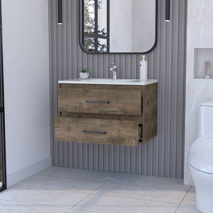 32 Inch Floating Bathroom Vanity in Dark Brown Wood Finish with Dual Drawers