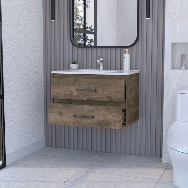 32 Inch Floating Bathroom Vanity in Dark Brown Wood Finish with Dual Drawers