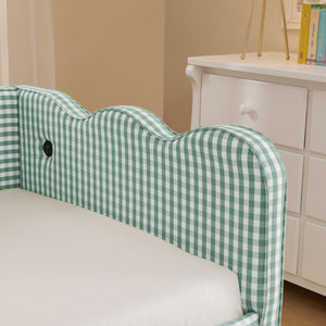 English Elm Cozy Gingham Linen Daybed with Pull Out Trundle Usb Port Wave Back Twin Sofa Cyan W1413S00120