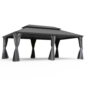 English Elm 14' X 22' Hardtop Gazebo with Drainage System, Dual-Layer Galvanized Roof, Curtains & Mesh Protection Grey W1859S00153