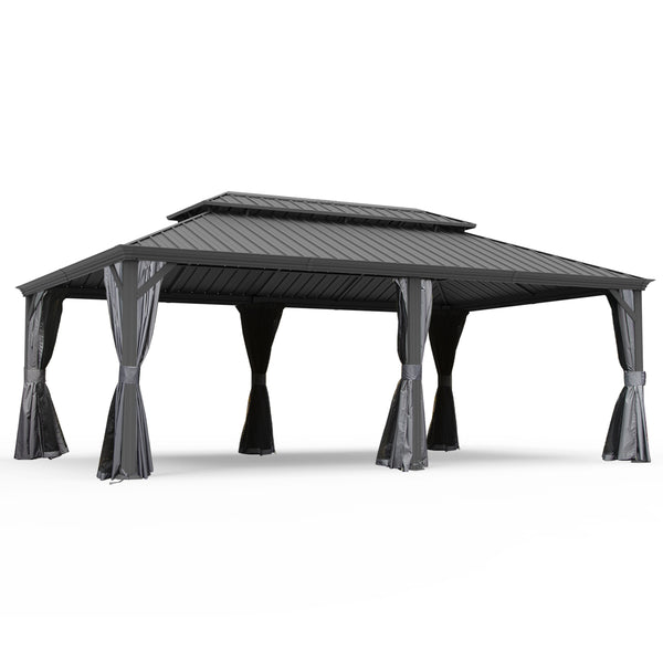 English Elm 14' X 22' Hardtop Gazebo with Drainage System, Dual-Layer Galvanized Roof, Curtains & Mesh Protection Grey W1859S00153