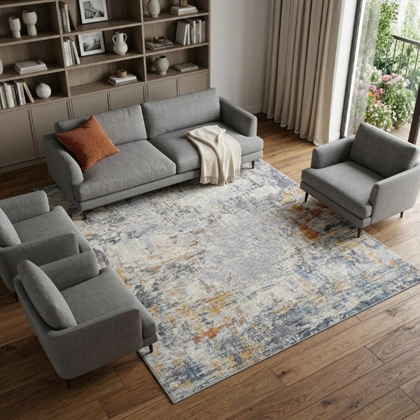10 X 14 Abstract Polyester Area Rug in Gray Brown Stain Resistant Modern Style