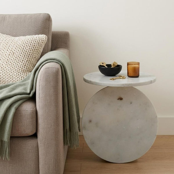10 Inch Marble Top Round Pedestal End Table with Iron and Wood Base Glam Accent