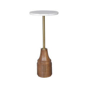 10 Inch Marble Top Round Pedestal End Table with Iron and Wood Base Glam Accent