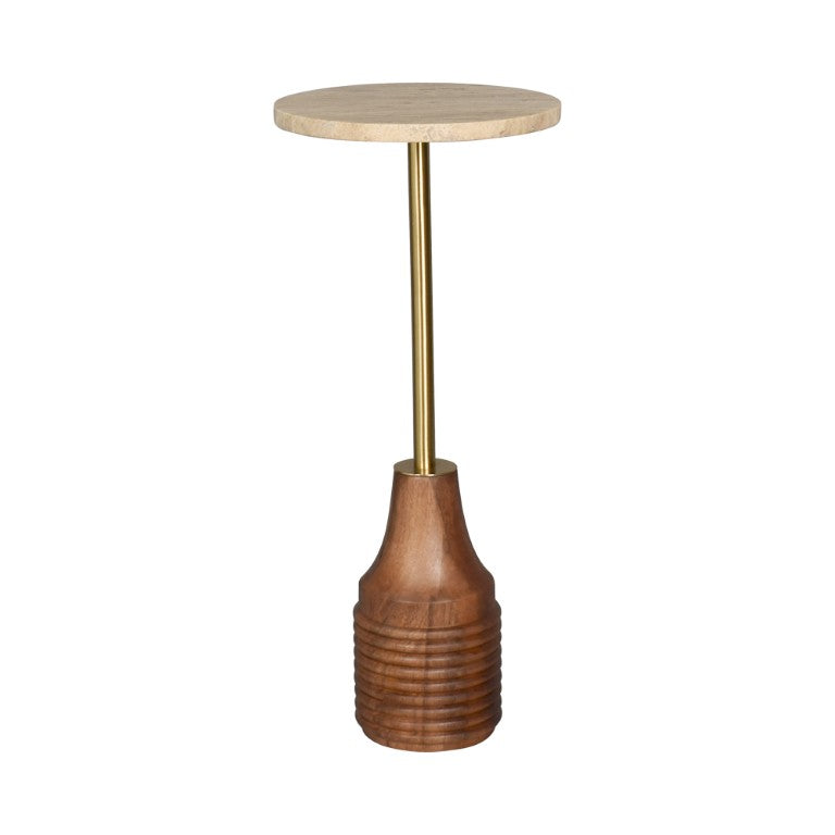 HomeRoots 10 Inch Marble Top Round Pedestal End Table with Iron and Wood Base Glam Accent Beige / Brown 738086