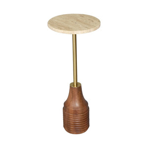 10 Inch Marble Top Round Pedestal End Table with Iron and Wood Base Glam Accent