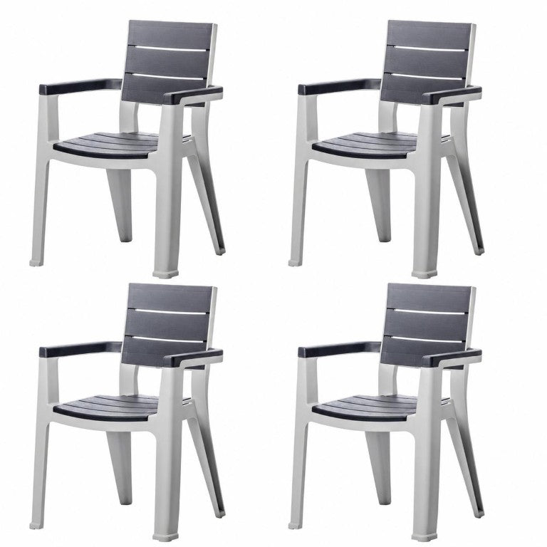 HomeRoots Set of Four Stackable Faux Wood Outdoor Arm Chairs for All-weather Patio and Deck Use Charcoal / Gray Plastic 738095