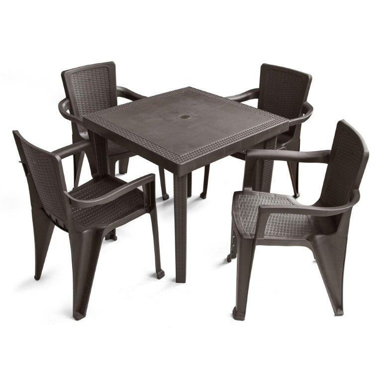 HomeRoots Set of Four Stackable Heavy Duty Plastic Outdoor Arm Chairs for Patio Weather Resistant Durable Espresso 738097
