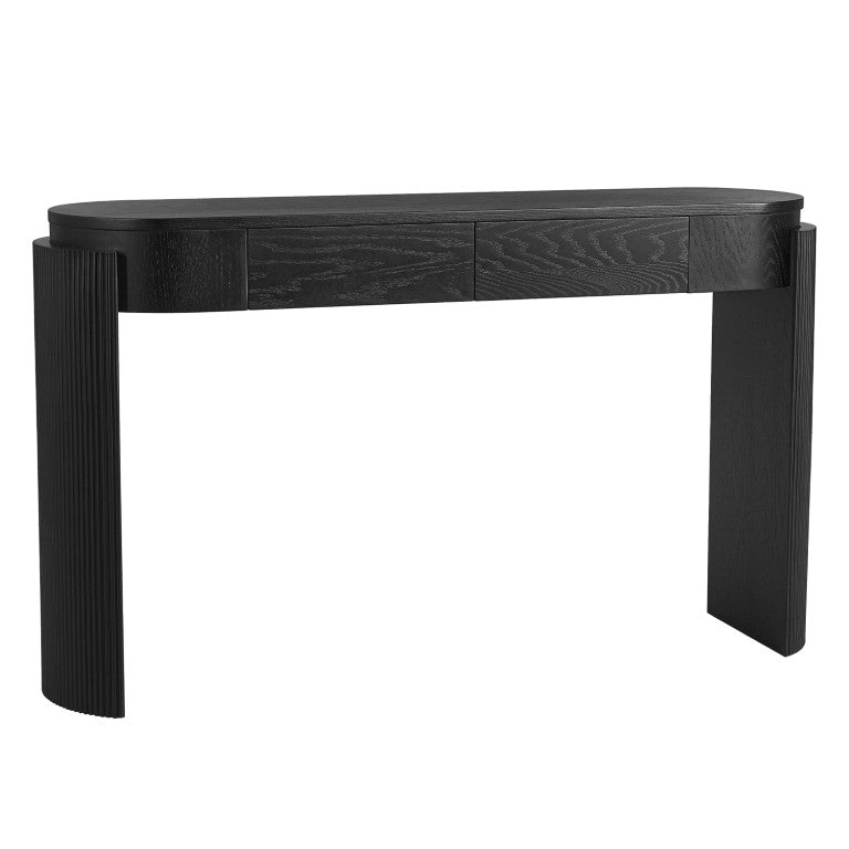 HomeRoots 55 Inch Oval Wood Console Table with Double Pedestal Base and Two Drawers for Entryway Black 738113