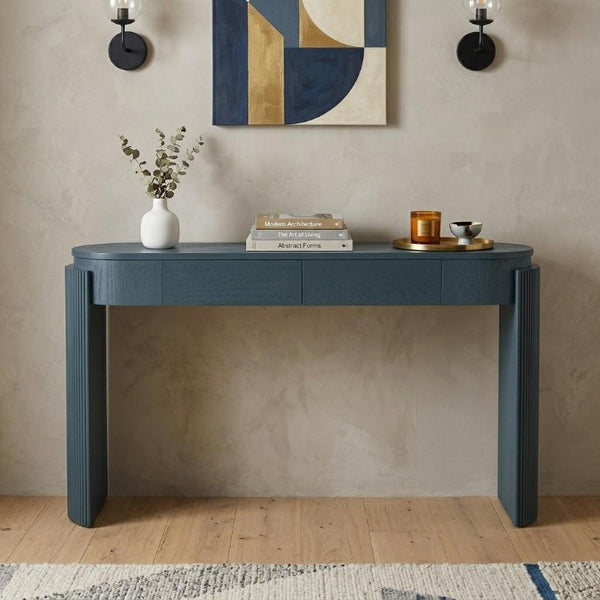 55 Inch Oval Wood Console Table with Double Pedestal Base and Two Drawers for Entryway