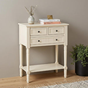 HomeRoots 24 Inch Solid Wood Distressed Console Table with Three Drawers and Lower Shelf for Entryway Beige 738130