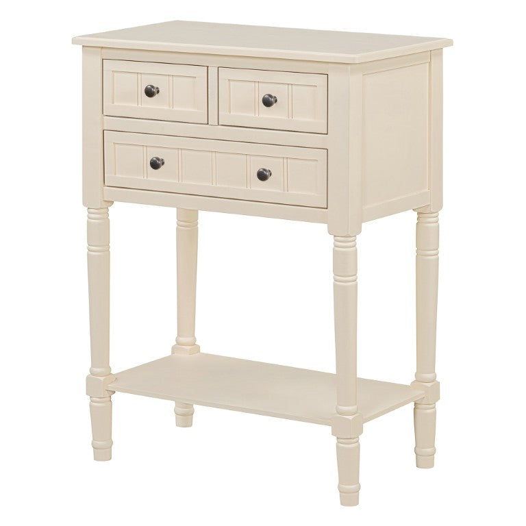 HomeRoots 24 Inch Solid Wood Distressed Console Table with Three Drawers and Lower Shelf for Entryway Beige 738130