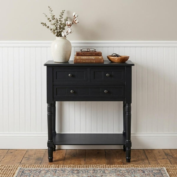 24 Inch Black Solid Wood Entryway Console with Three Drawers and Open Storage Shelf