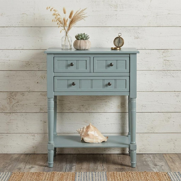 24 Inch Distressed Solid Wood Entryway Console with Three Drawers and Lower Shelf