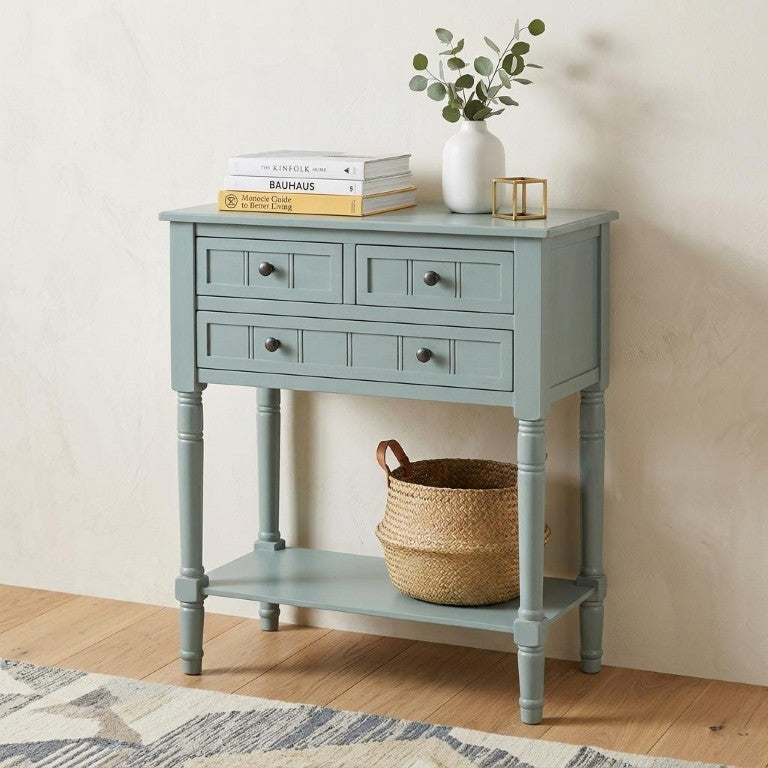 HomeRoots 24 Inch Distressed Solid Wood Entryway Console with Three Drawers and Lower Shelf 738132