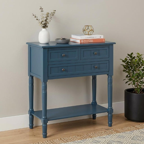 24 Inch Solid Wood Distressed Console Table with Three Drawers and Lower Shelf for Entryway