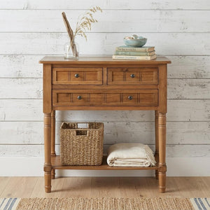 24 Inch Solid Wood Distressed Console Table with Three Drawers and Lower Shelf for Entryway