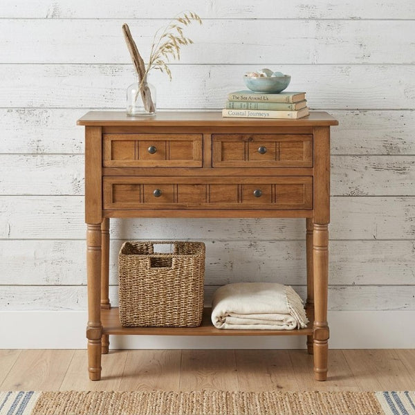 24 Inch Solid Wood Distressed Console Table with Three Drawers and Lower Shelf for Entryway