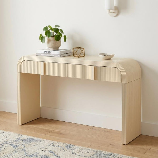 55 Inch Cream Finished Round Wood Console Table with Dual Drawers and Pedestal Base