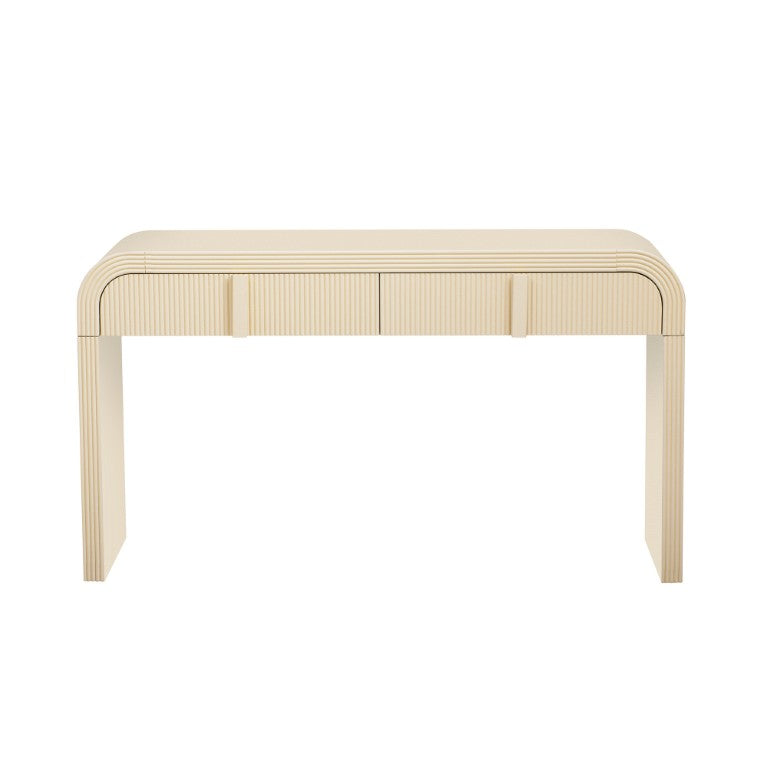 HomeRoots 55 Inch Cream Finished Round Wood Console Table with Dual Drawers and Pedestal Base 738137