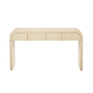 HomeRoots 55 Inch Cream Finished Round Wood Console Table with Dual Drawers and Pedestal Base 738137