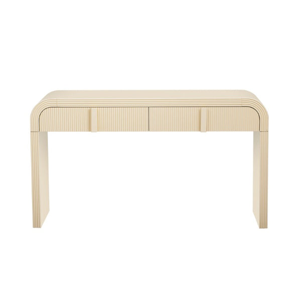 HomeRoots 55 Inch Cream Finished Round Wood Console Table with Dual Drawers and Pedestal Base 738137