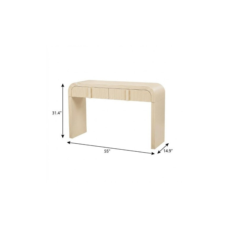 HomeRoots 55 Inch Cream Finished Round Wood Console Table with Dual Drawers and Pedestal Base 738137