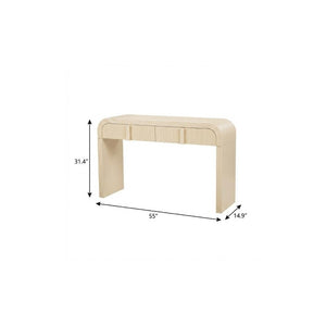 55 Inch Cream Finished Round Wood Console Table with Dual Drawers and Pedestal Base