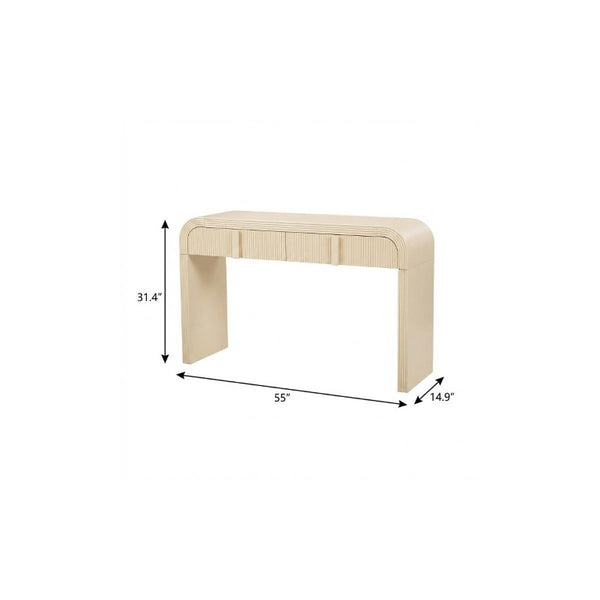 55 Inch Cream Finished Round Wood Console Table with Dual Drawers and Pedestal Base