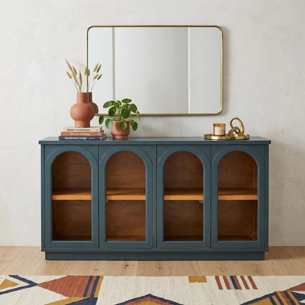 58 Inch Solid Wood Buffet Sideboard with Four Glass Panel Doors for Dining Room